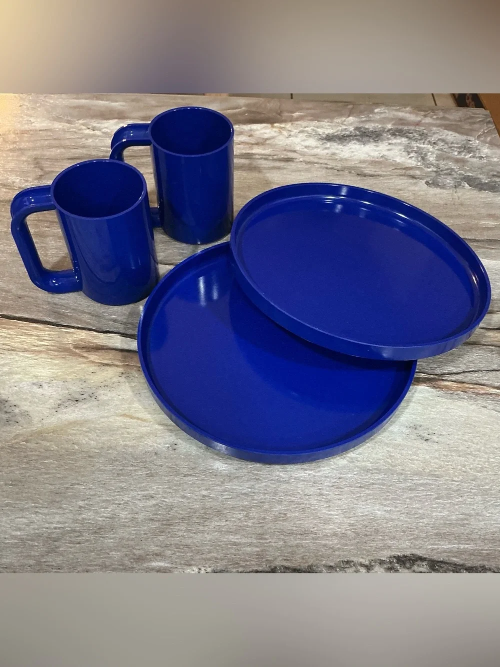 Vintage Heller Massimo Vignelli Blue Melamine Dinnerware Set 4pc MCM Plates Mugs